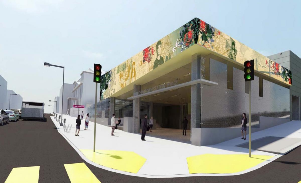 Rendering of a corner store building and a street intersection