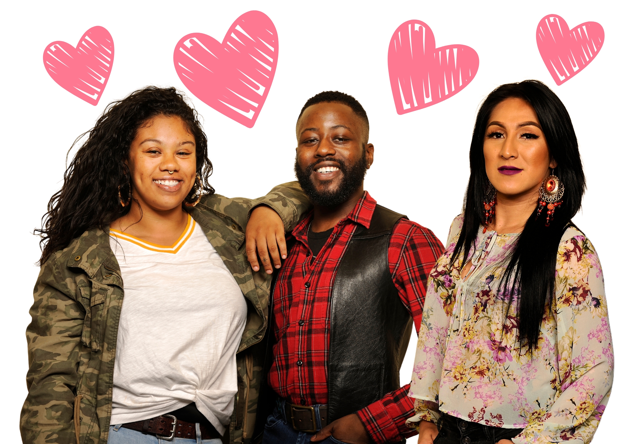 3 people of different genders smiling with illustrated heart icons above them