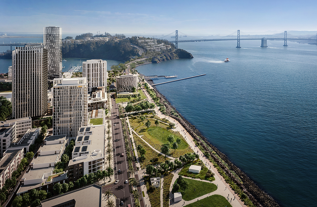 Aerial view of Treasure Island's new Cityside Park which is waterfront and has view of the bay bridge.