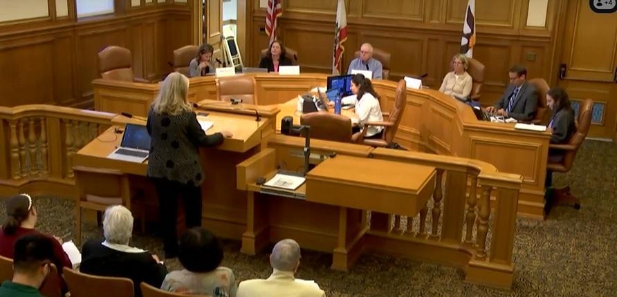 A woman gives a comment at a public hearing