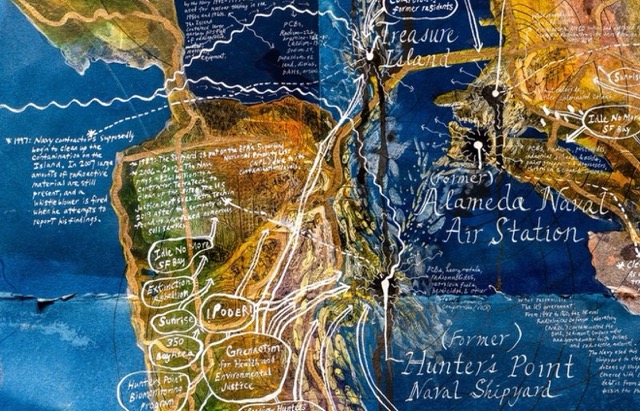 Blue-toned, map-like artwork of the San Francisco Bay Area with layered textures, handwritten notes, and dark dripping shapes marking environmental sites.