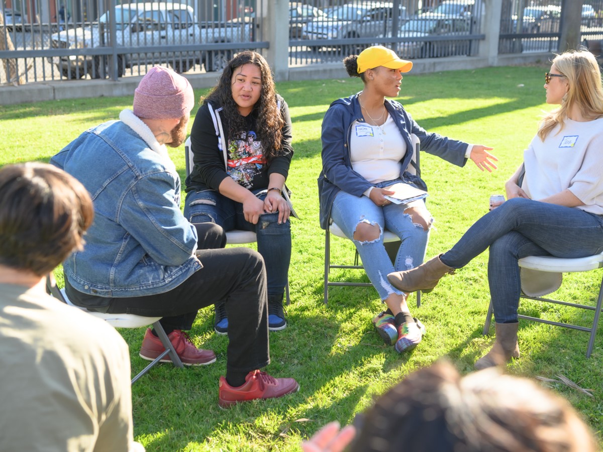 a group of people talking