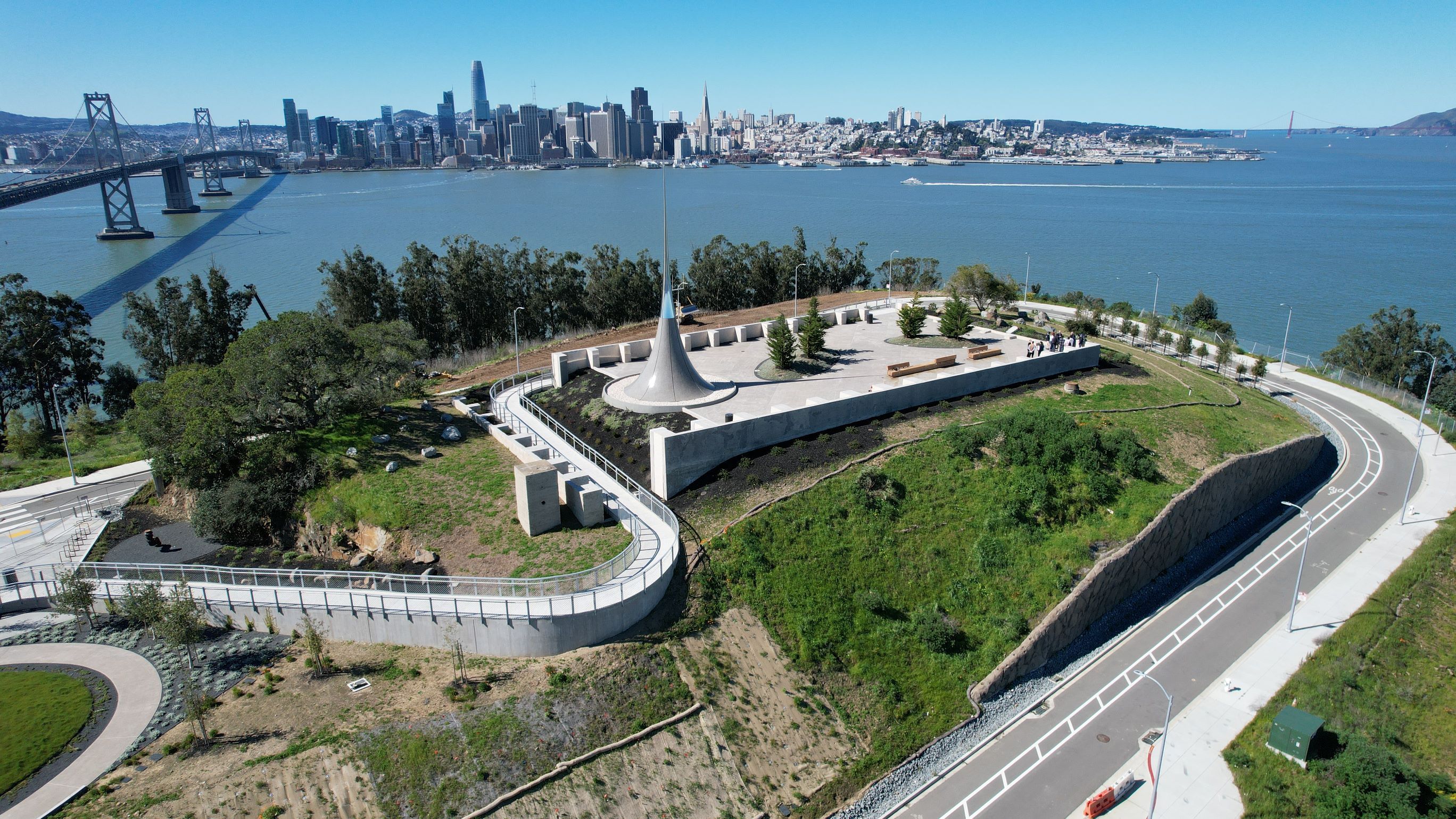 Overhead perspective of YBI Panorama Park with the San Francisco skyline in the background