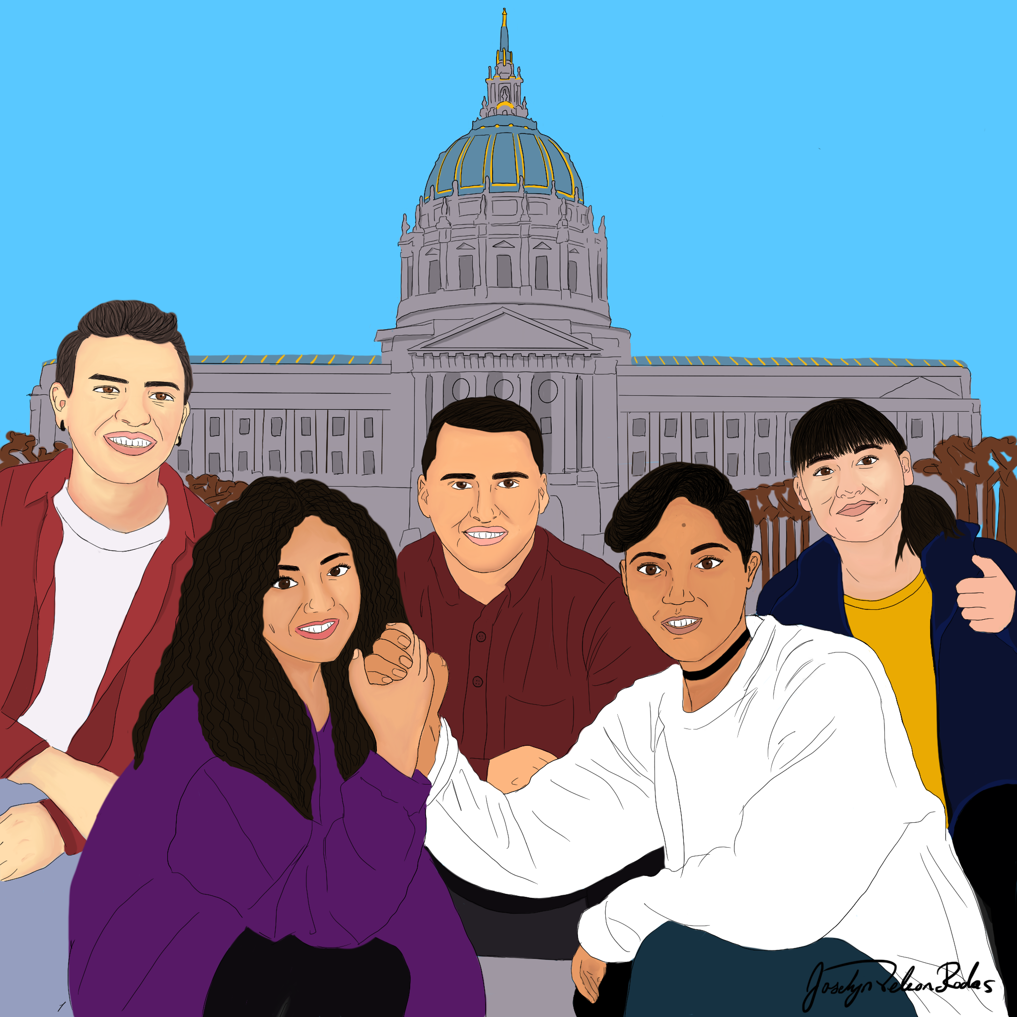 Illustration of 5 young people with San Francisco City Hall in the background