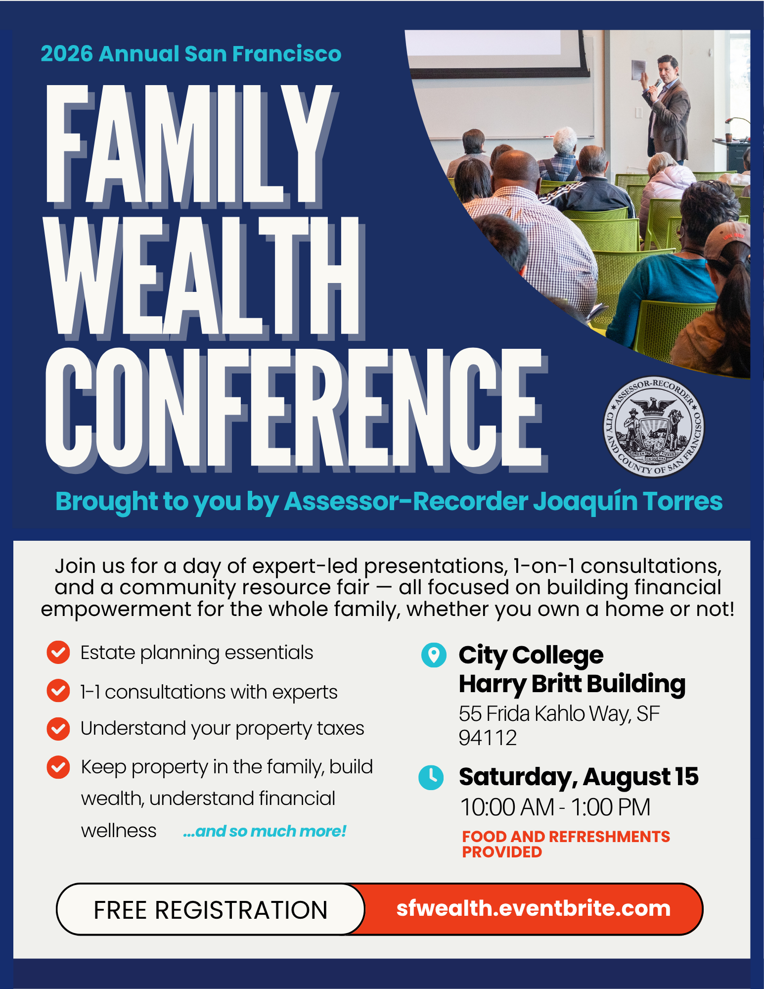 This is an event flyer for 2026 Family Wealth Conference on August 15 2026. 10 AM at 55 Frida Kahlo Way. Register to join at sfwealth.eventbrite.com