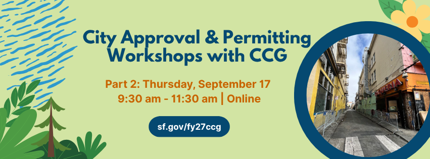 Graphic for “City Approval & Permitting Workshops with CCG,” showing date, time, and link, with plant illustrations and a circular photo of an urban alley.