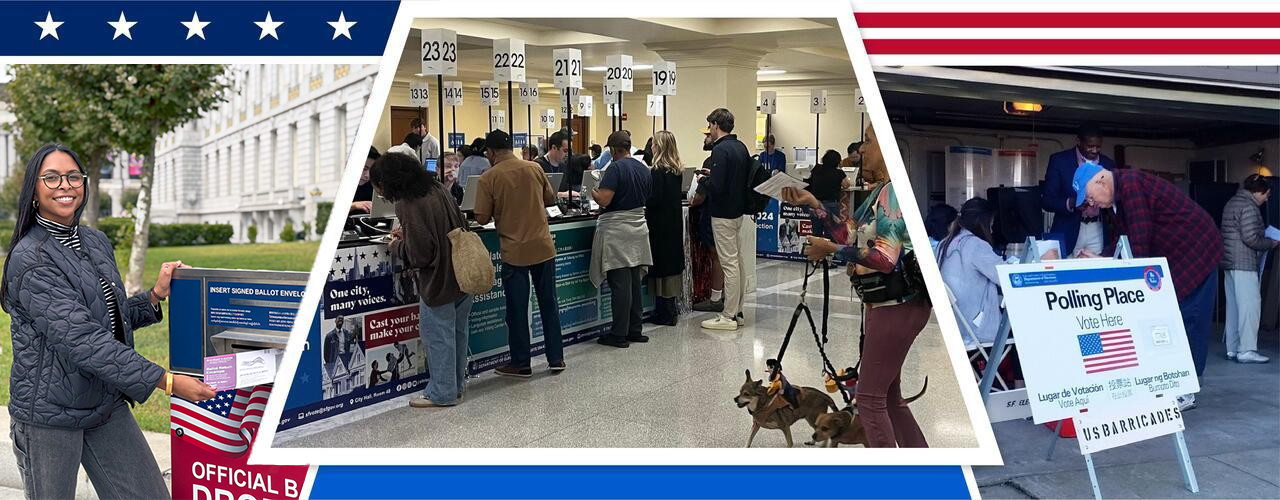 Collage of Department of Elections' drop-box, polling place, and voter center.
