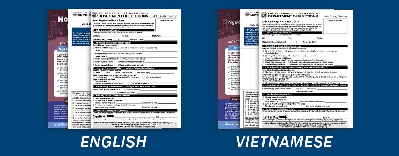 3 Department of Elections forms in English along with the Vietnamese translated forms.