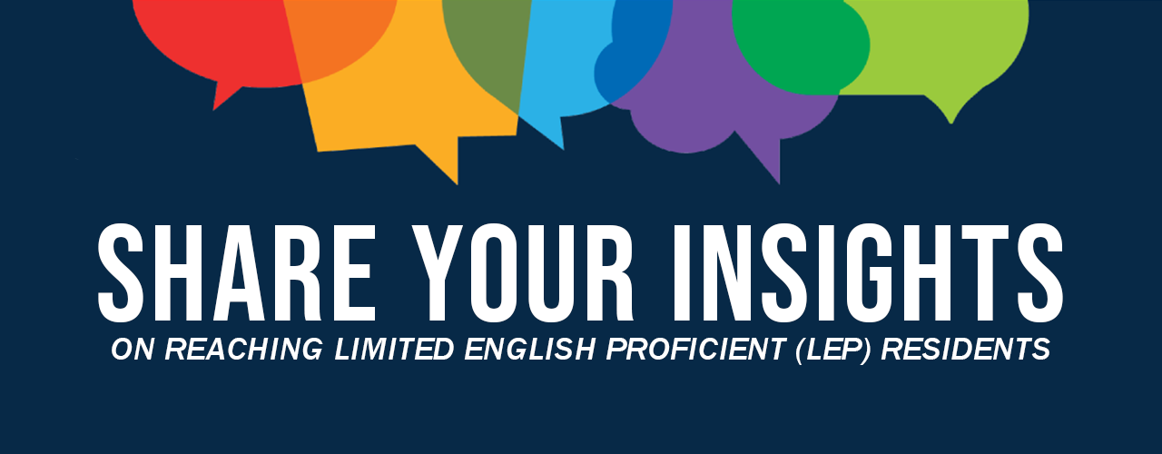 Graphic showing text bubbles in different colors. Text asking residents to share their thoughts.