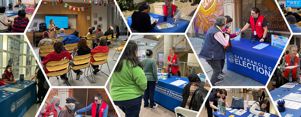 Collage of multiple pictures of Elections staff at outreach events. Pictures laid out in a honeycomb pattern.