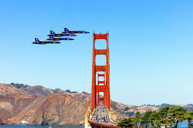 Blue Angels Navy planes flying over SF Golden Gate Bridge