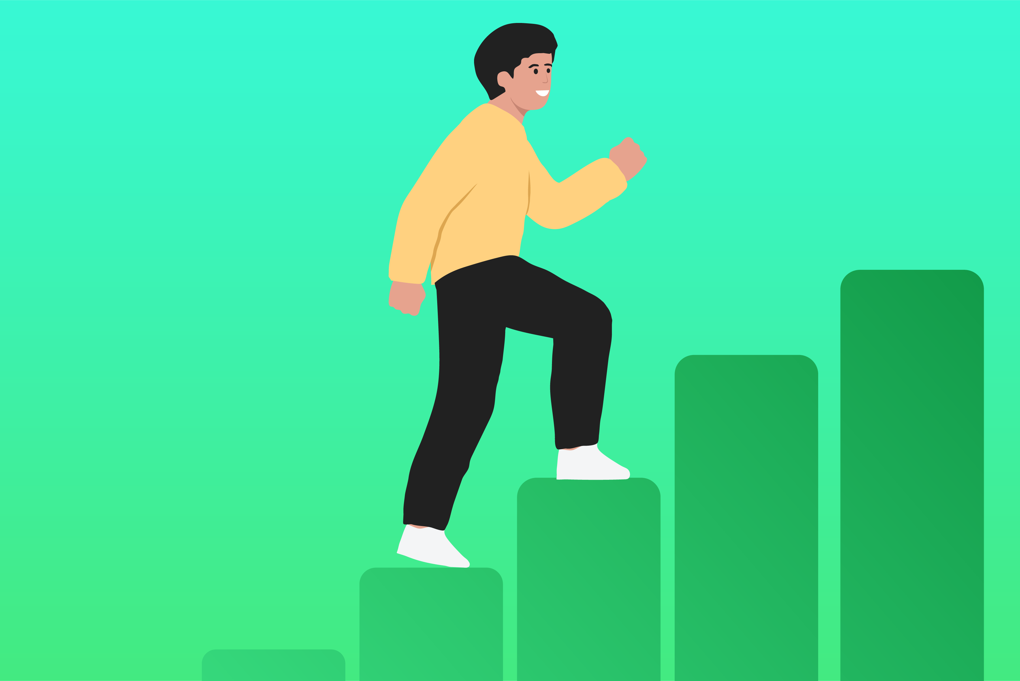Illustration of a person stepping upward on ascending bar chart columns, representing growth or gaining experience.