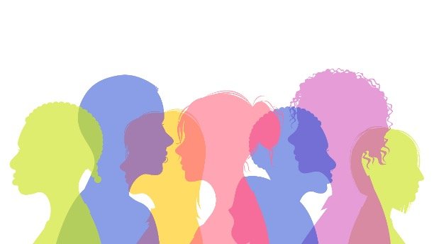 Color silhouettes of different women's heads and shoulders on a white background.