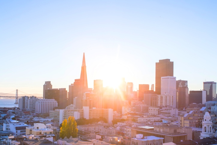 cityscape and skyline of San Francisco at sunrise