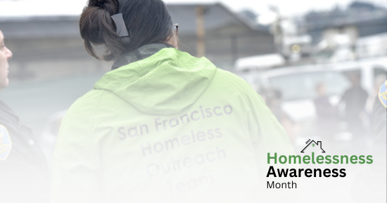 A woman in a green jacket and text that reads "Homelessness Awareness Month"