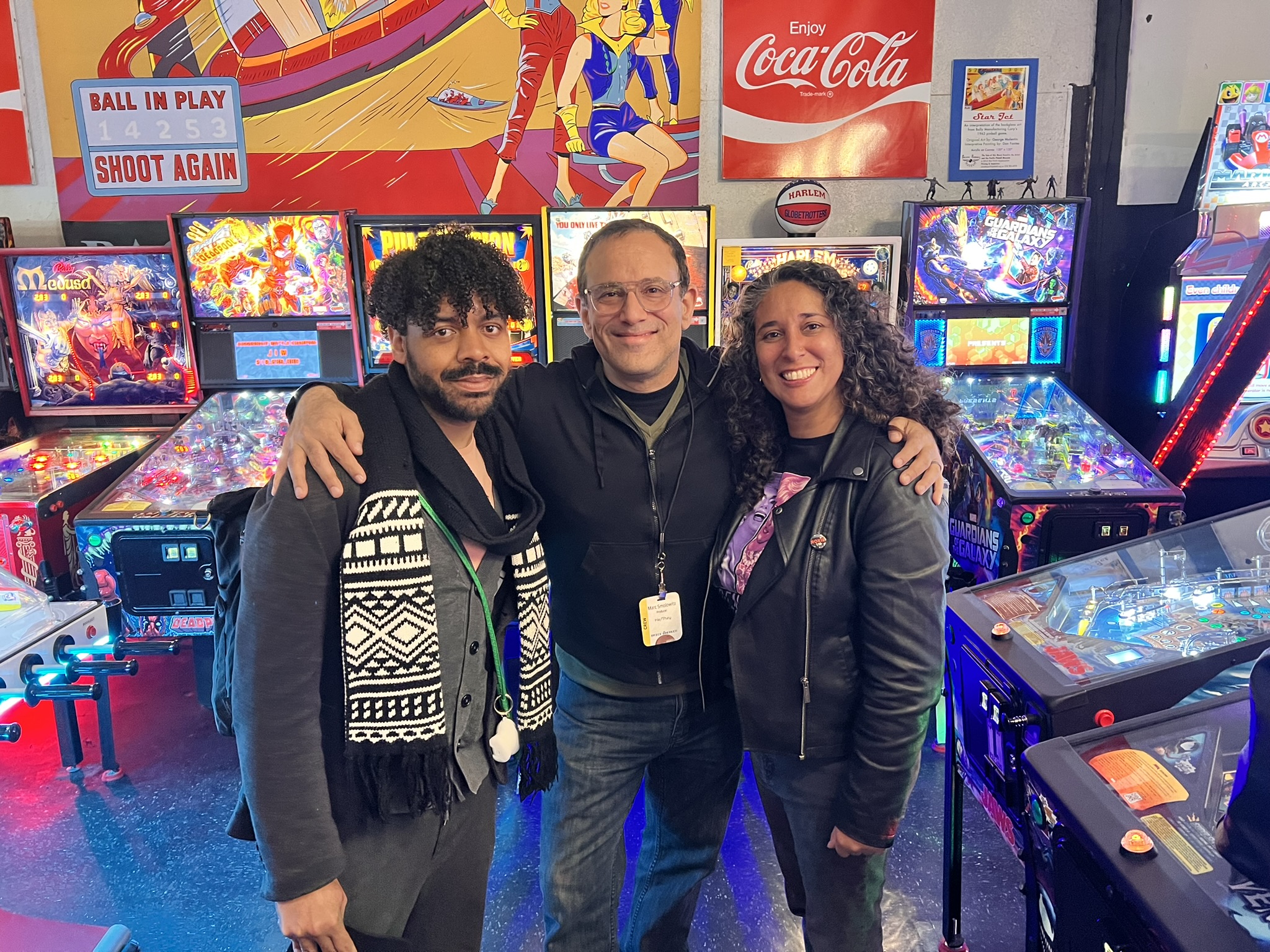 On a production set at an pinball arcade business.