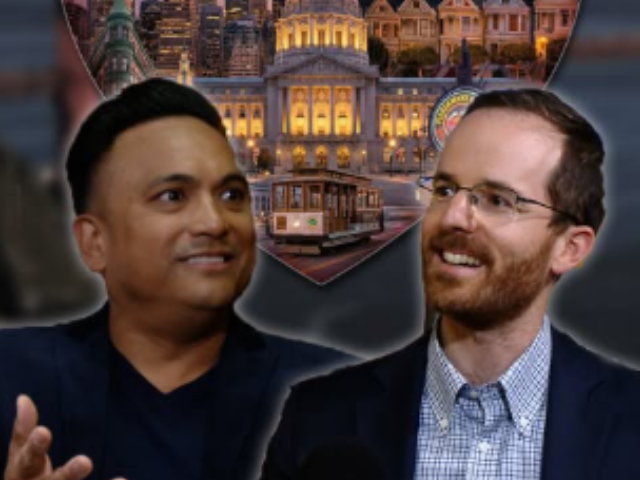Dos personas hablando frente a un gráfico en forma de corazón con lugares emblemáticos de San Francisco y el texto "Dejé mi podcast en San Francisco".