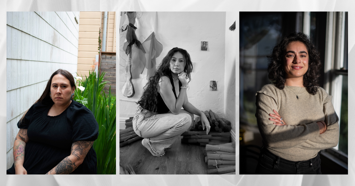 A composite of three portraits of three women artists. On the left, the artist is seen from the waist up wearing a dark dress. In the middle, a black-and-white portrait of the artist squatting in their studio. On the right, the curator standing by a window with their arms crossed.