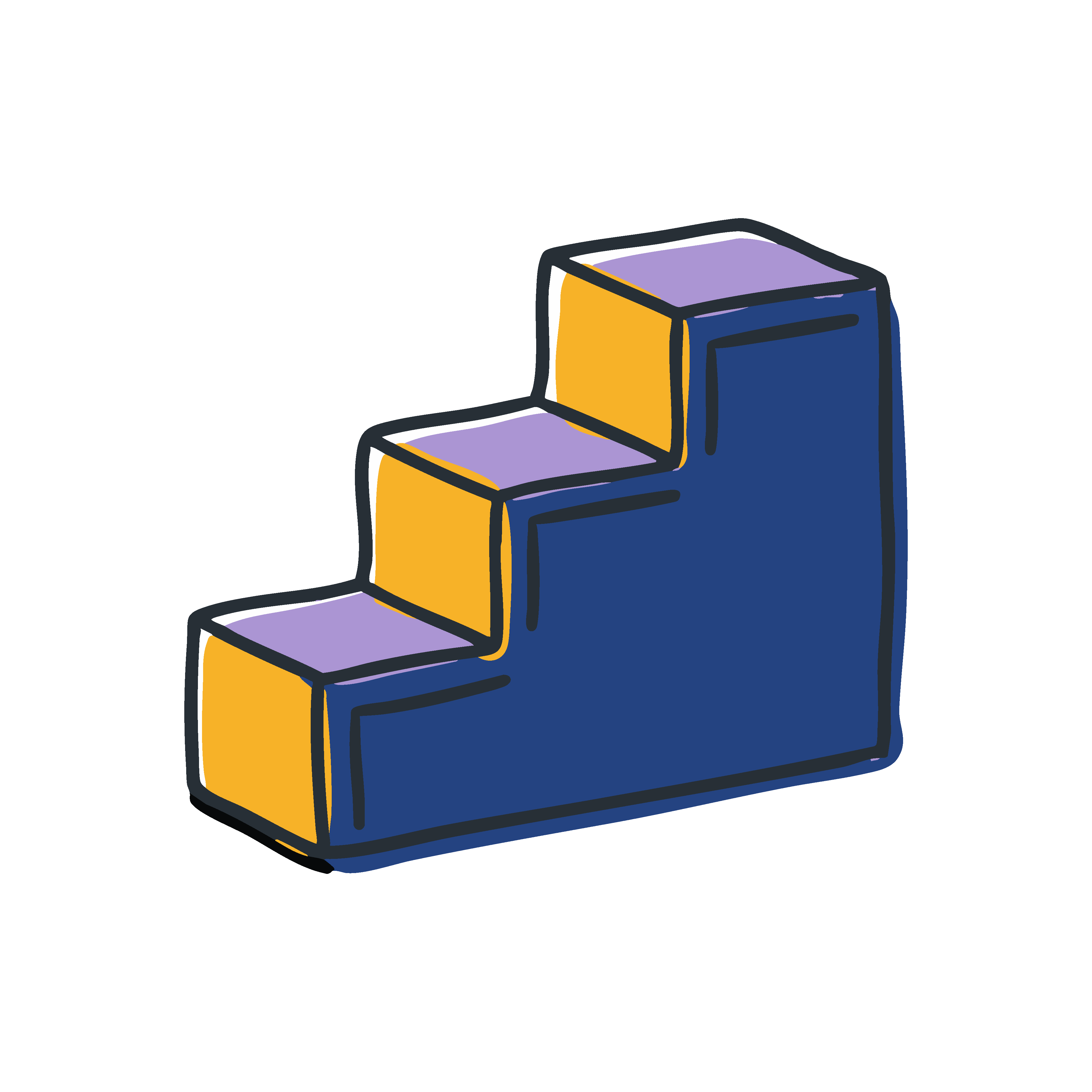 A stylized, illustrated icon of a three-step staircase viewed from an angled perspective, with yellow risers, purple treads, and a dark-blue side panel.