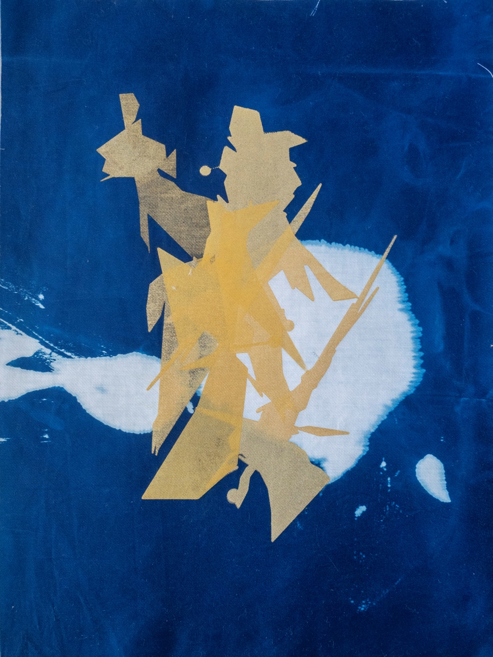 art piece with blue background and a cream colored looking tape with a rougher texture