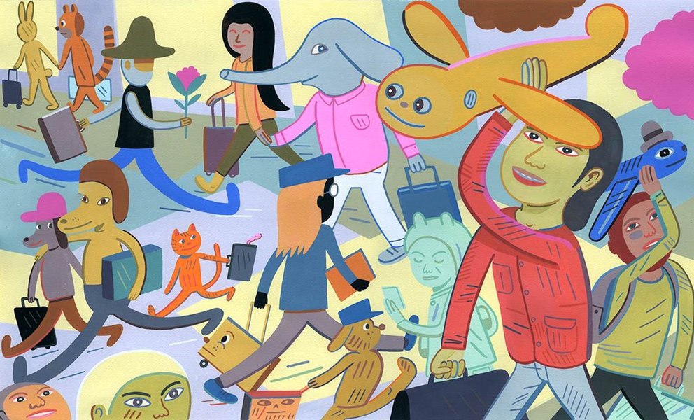 Colorful illustration of diverse people and whimsical animal characters walking and carrying objects in a lively, surreal street scene.