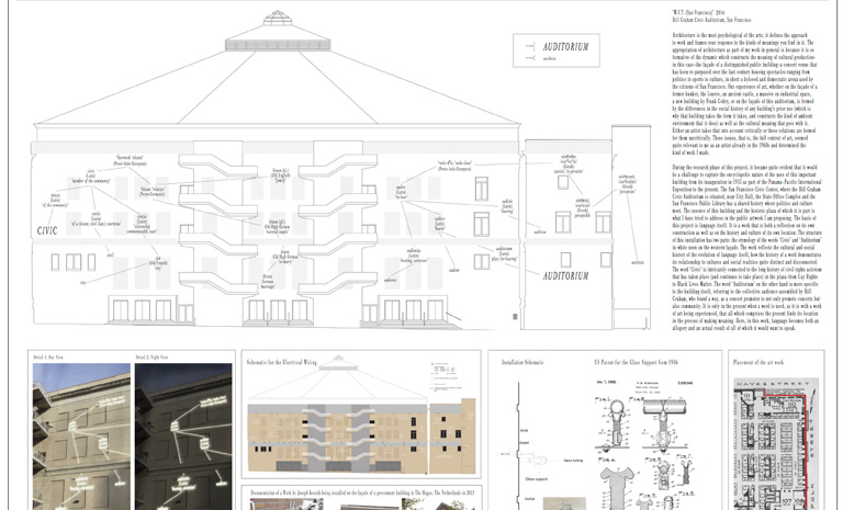 Architectural diagram showing a building elevation with labeled features, accompanied by reference images and technical drawings.