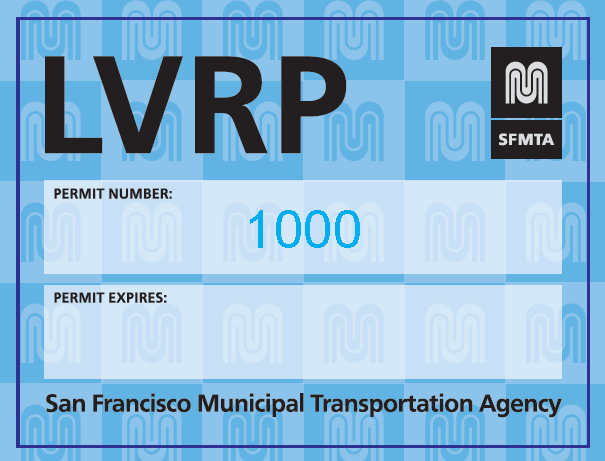 Blue SFMTA Large Vehicle Refuge Permit (LVRP) with blank spaces for permit number and expiration date.