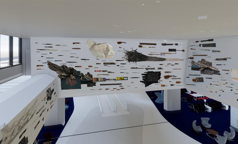 Large indoor art installation at SFO featuring suspended mixed-media pieces arranged across expansive white walls.
