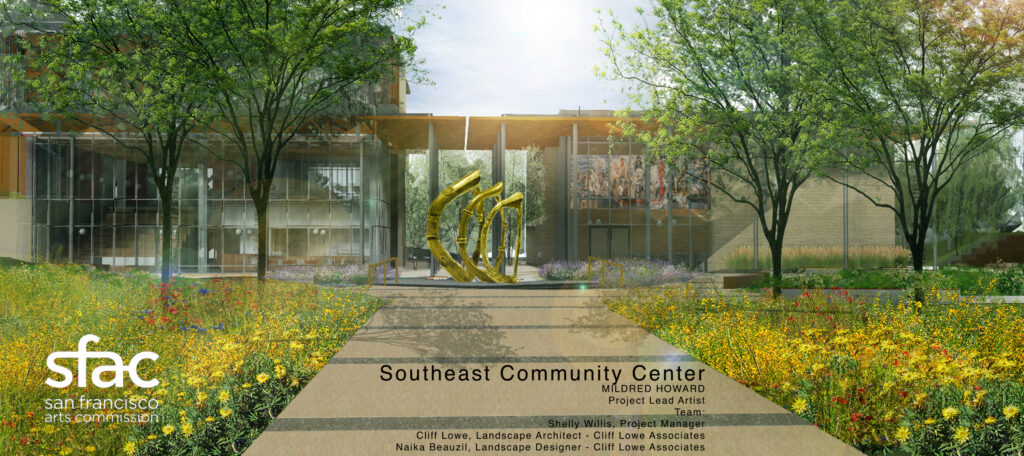 Rendering of a community center entrance with a golden abstract sculpture along a pathway, surrounded by trees and flowering landscape.