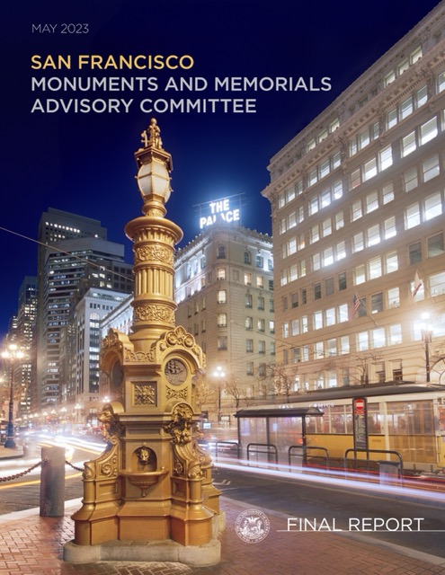 Night view of San Francisco street with historic monument, light trails, and buildings, titled a final report on monuments and memorials.