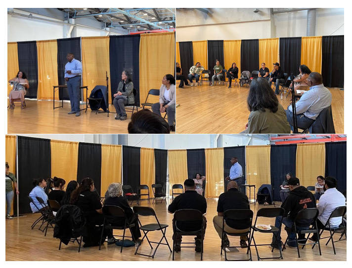 A 4 Photo Collage of the Inspector General at a Town Hall in the Mission District Community