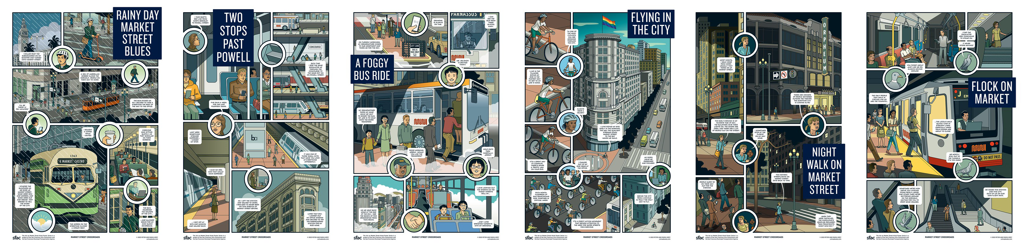 Collage of six comic posters for Market Street Crossroads