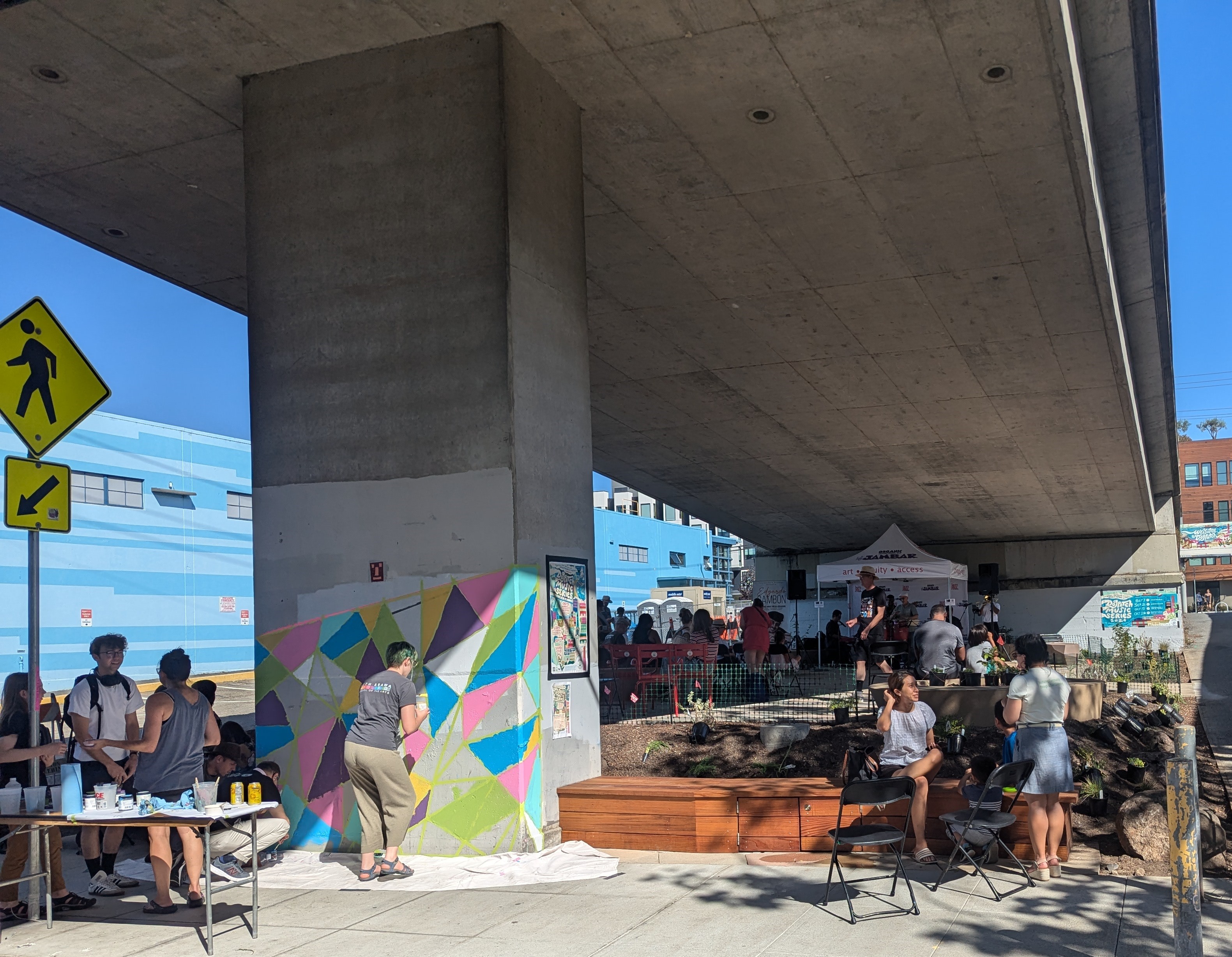 People gathered at a new outdoor community space