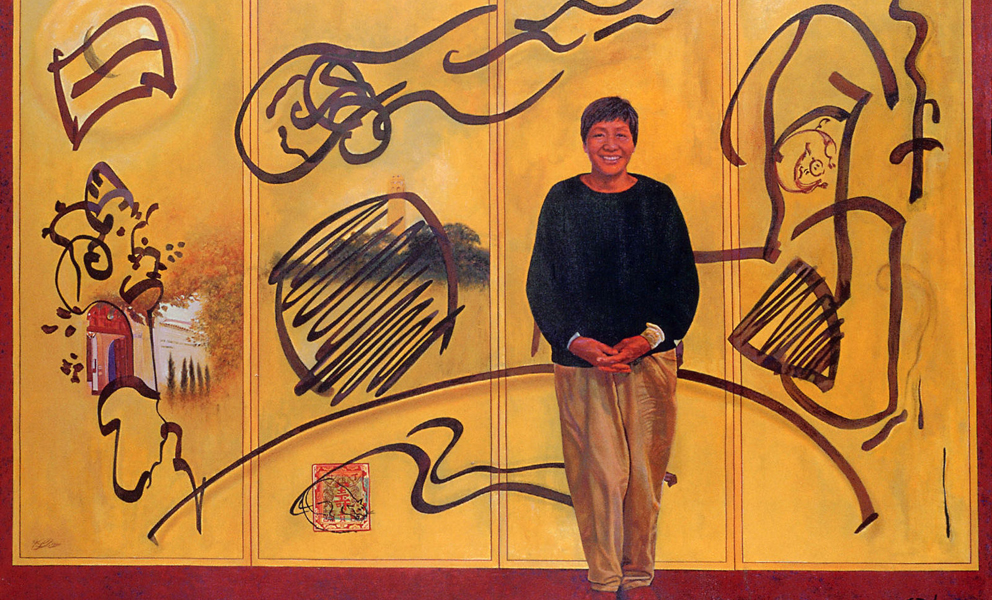 Yellow and black painting featuring architectural details of San Francisco icons like Coit Tower with black abstract lines and a self-portrait of the artist Lenore Chinn.
