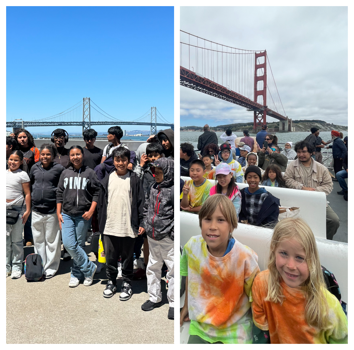 collage of children in san francisco with four images including a boat trip with the Golden Gate Bridge in the background