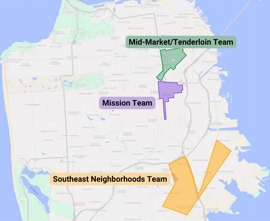 Map showing the work areas of OCEIA Community Ambassadors in the Mid-Market/Tenderloin, Mission and Southeast Neighborhoods of San Francisco.