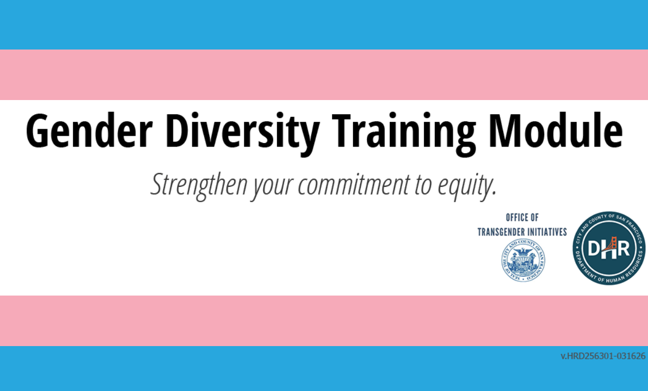 Transgender flag made of the colors blue, pink and white. Text reads "Gender Diversity Training Module, Strengthen Your Commitment to Equity." Contains the logo for the Office of Transgender Initiatives and the SF Department of Human Resources.