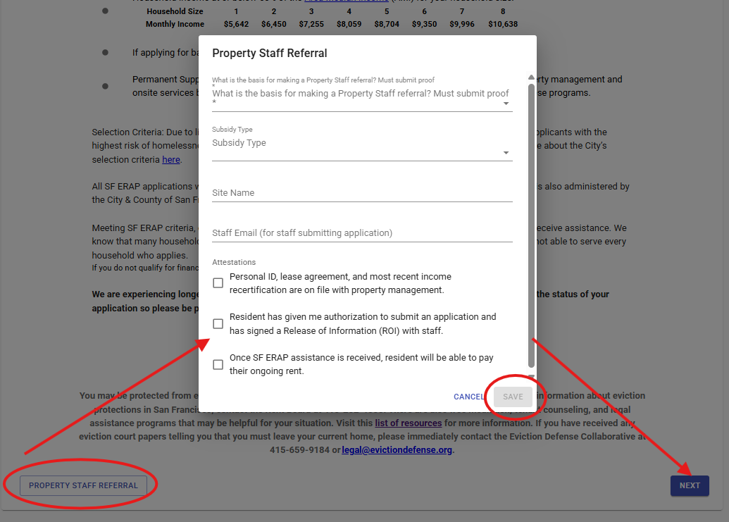 Screenshot of SF ERAP application page with Property Staff Referral Button highlighted