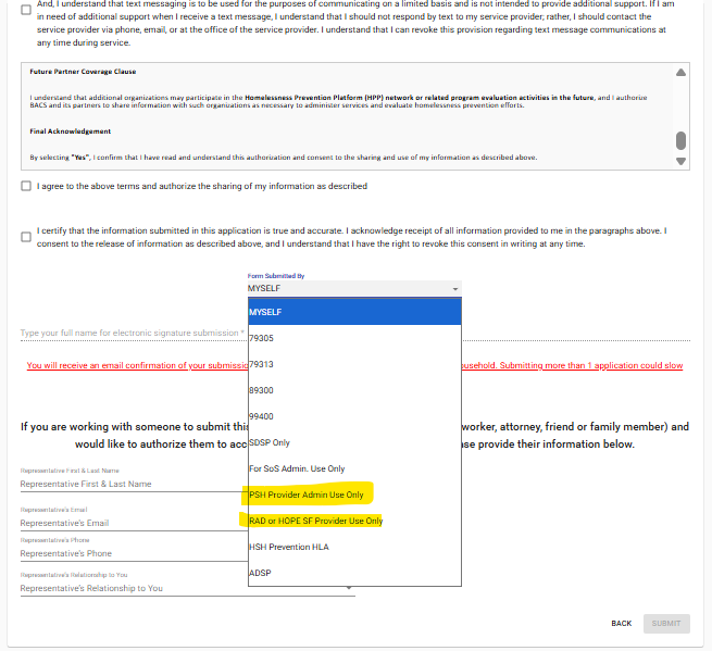 Screenshot of SF ERAP application page with "Submitted By" field highlighted