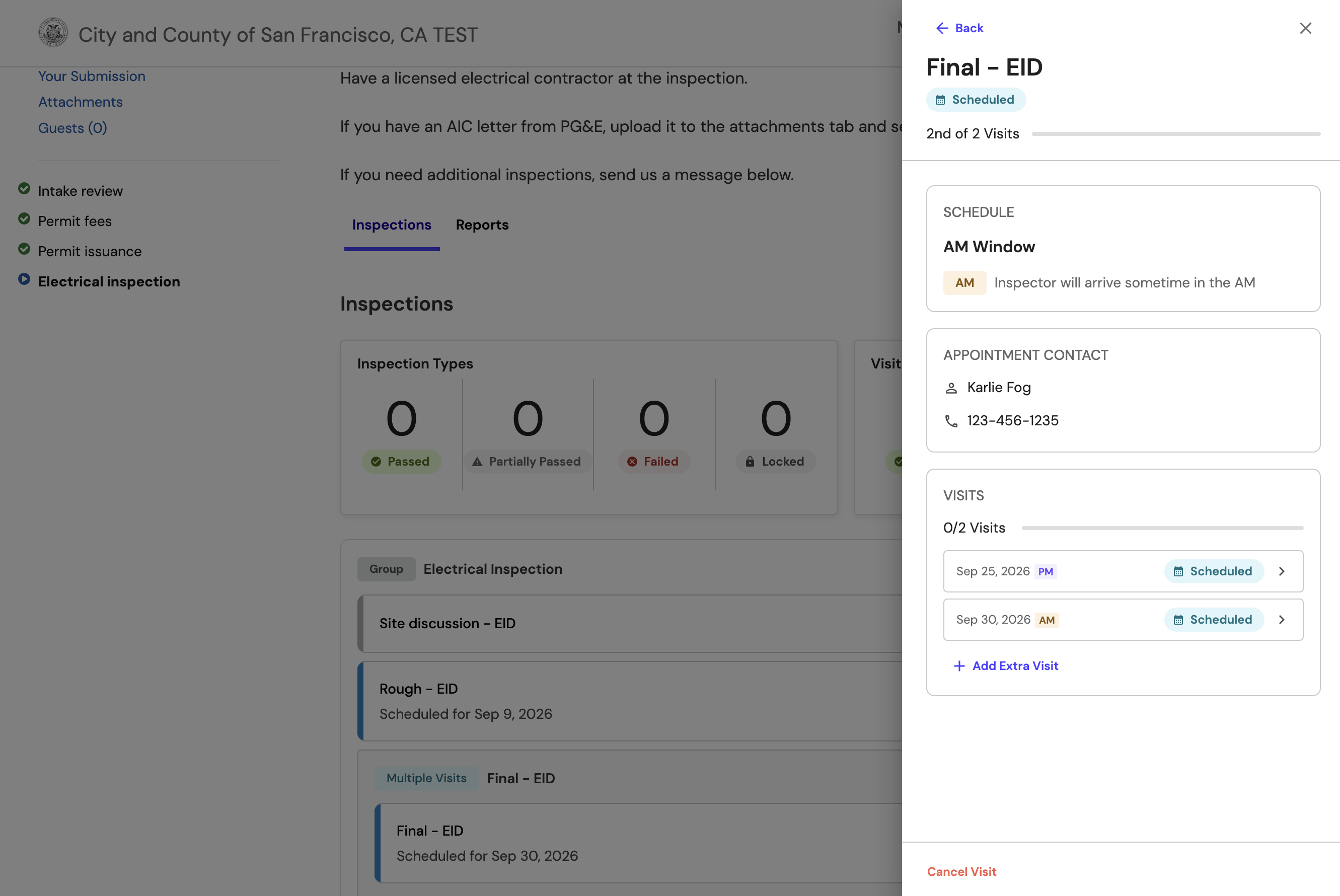 Screenshot of a selected inspection type in PermitSF, with an inspection scheduled, with buttons to "Add Extra Visit" and "Cancel Visit"