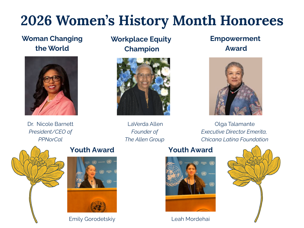 Photos of the five honorees for the 2026 Women's History Month celebration: Dr. Nicole Barnett, LaVerda Alle, Olga Talamante, Emily Gorodetskiy and Leah Mordehai