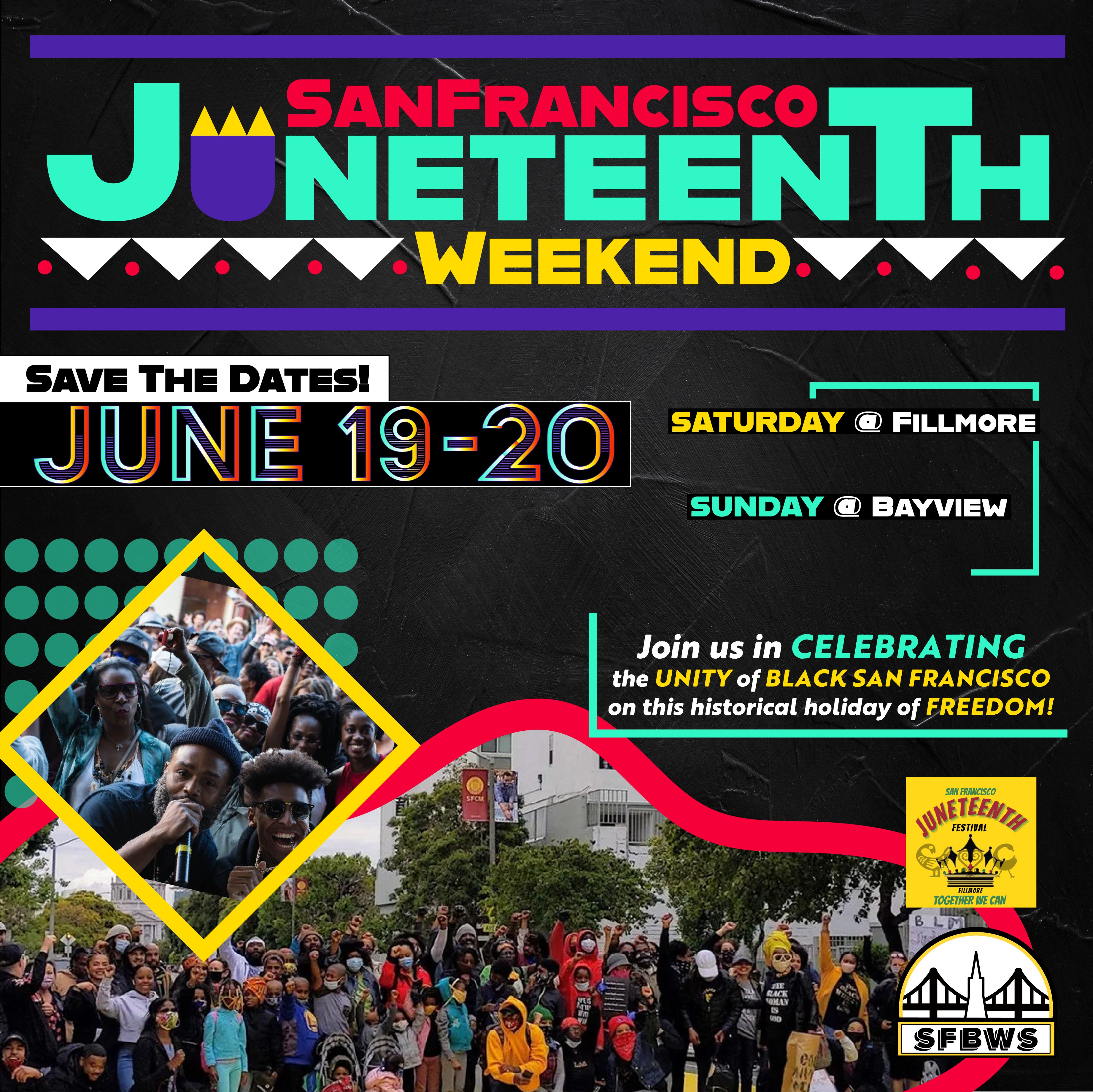 Flyer for San Francisco Juneteenth save the date, with Black people dancing at a concert.