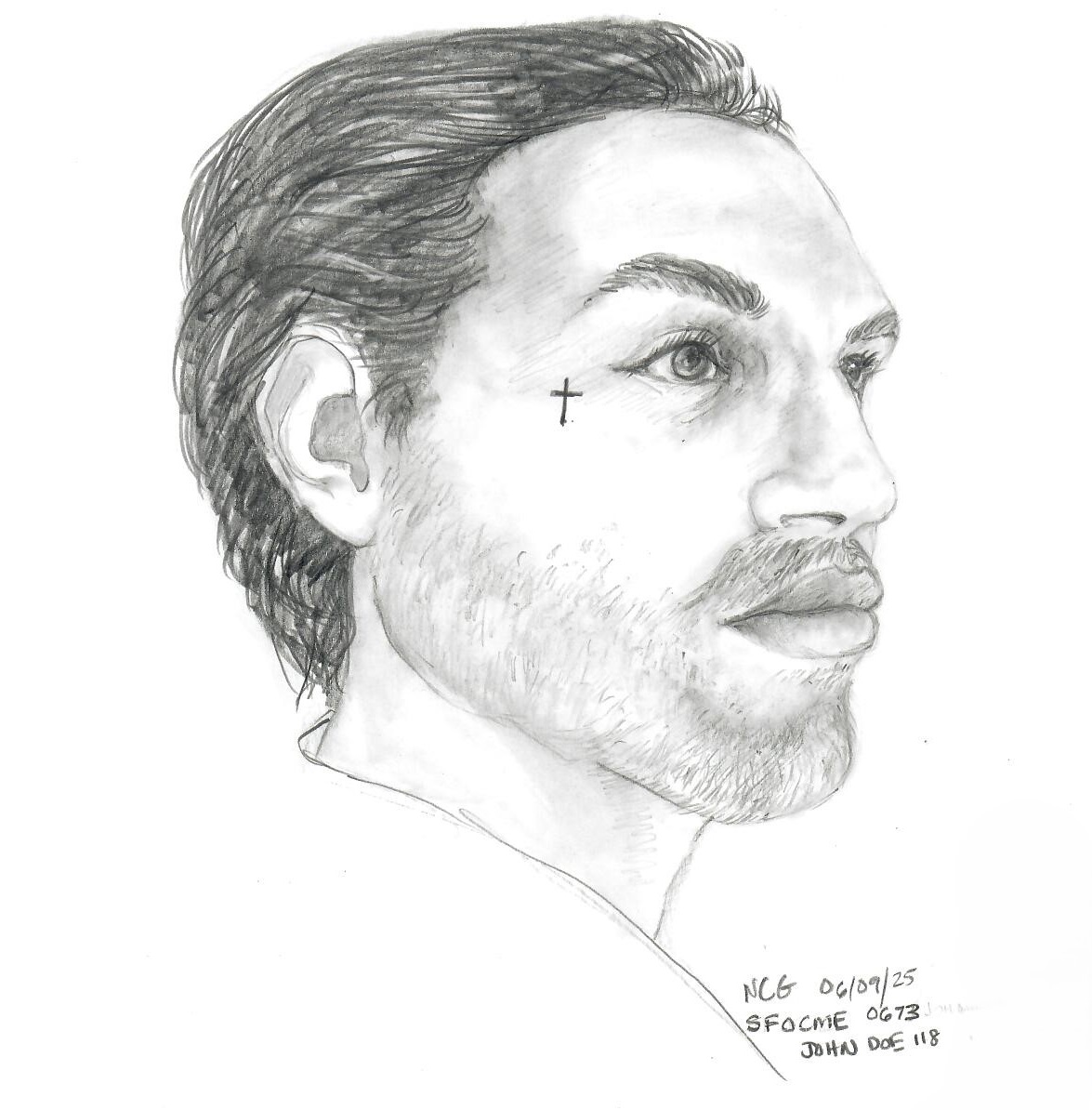 A pencil sketch of a man's face. The man has a tattoo of a small cross next to his right eye and is mustached and bearded.