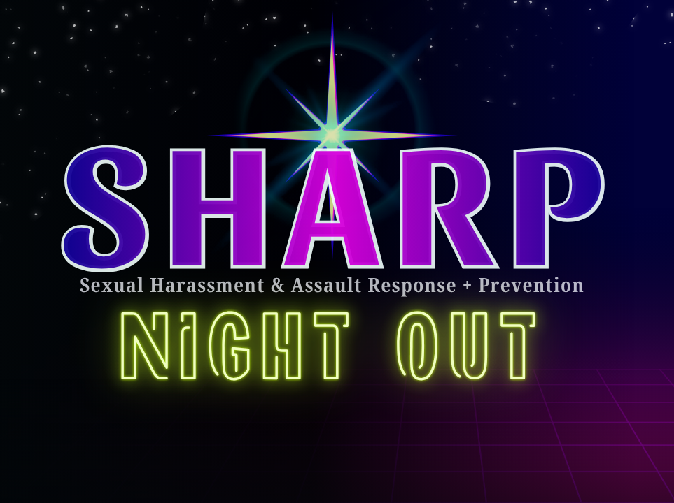 SHARP Night Out logo, colorful letters on a black background