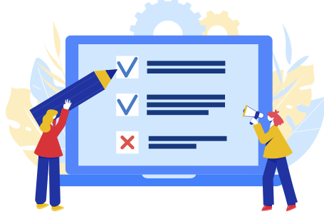 Two women in front of large checklist with oversize pencil