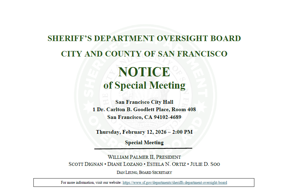 This is an image of the header of the Notice of Special Meeting. It shows a faded image SDOB logo in green and white in the background as a decoration and contains heading information which includes the place, date, and time of the meeting and the board member roster. It also shows the SDOB website link.