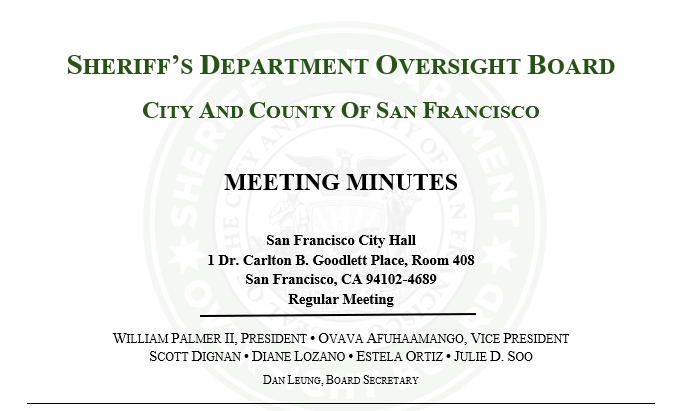 This is an image of the header of the hard copy of  the meeting minutes. It shows SDOB, meeting, and member information. It has a faded SDOB green and white logo in the background for decorative purposes.
