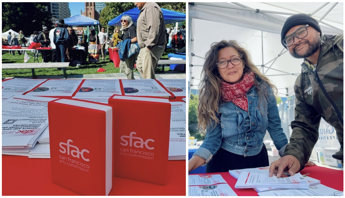 On the left, an image of packets of grant information displayed on a red tablecloth on a table at an event outdoors in a public park. On the right, former Cultural Ambassador Nihan Roth and Senior Program Officer Jonell Molina smile at the camera at the same event.