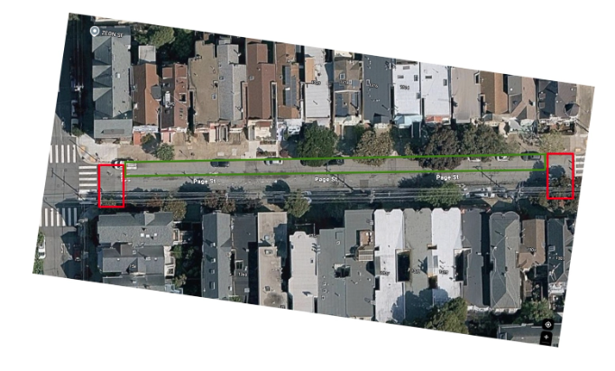 Birds eye view of a block of Page street showing north side of street can be used for objects with red zones showing space at either end that must be left clear.