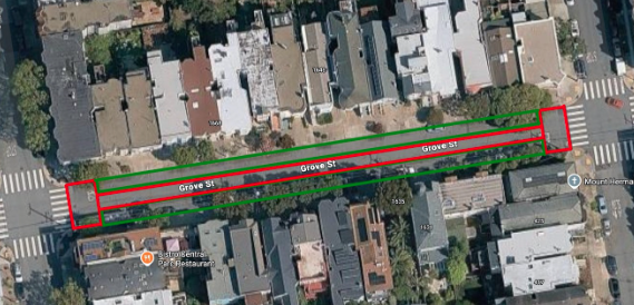Birds eye view of a block of Grove street showing strip on both sides of street can be used for objects, leaving emergency lane down the center of the street, with red zones showing space at either end that must be left clear.